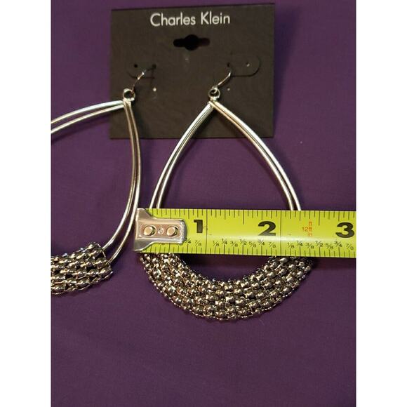 Charles Klein Large Double Teardrop Earrings Popcorn Mesh Wrap Silver Tone, NWT - Picture 5 of 9